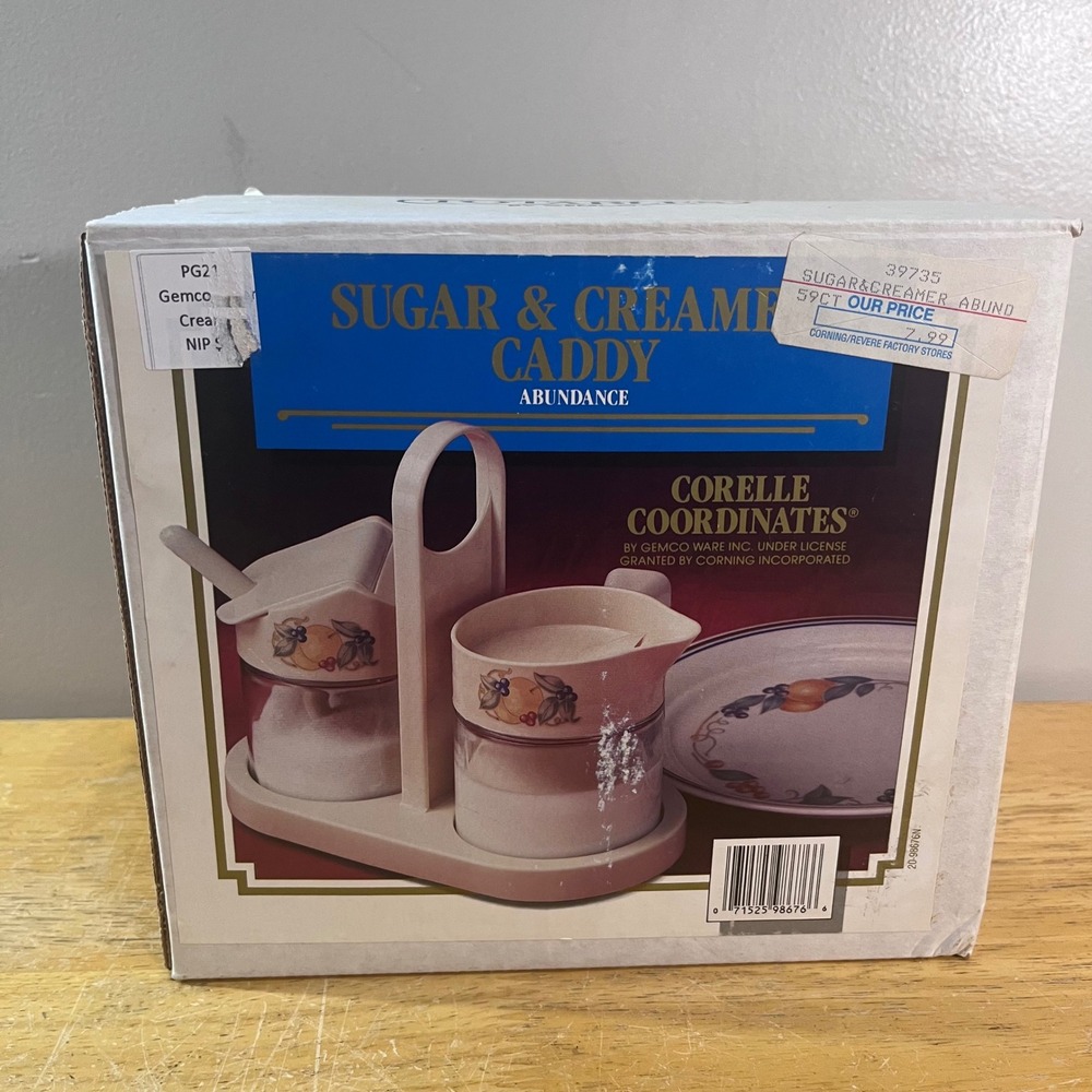 Gemco Corelle Abundance Sugar Creamer Caddy Vtg NIB Beige New Fruit Pattern